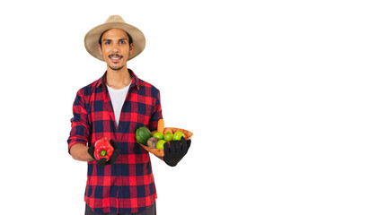 Farmer black man with hat and gloves holding a basket of vegetables isolated