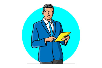 Illustration of a modern business man tab use vector working lineart cartoon vector white background