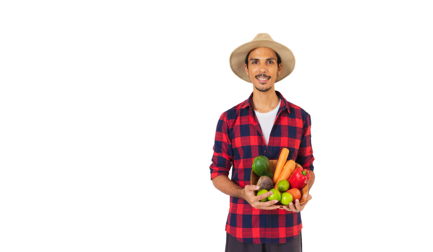Farmer black man with hat and gloves holding a basket of vegetables isolated - Powered by Adobe