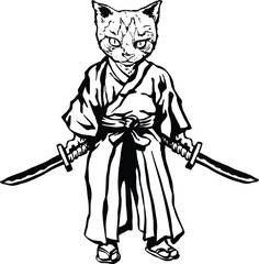 Samurai kitty with two swords funny cat black and white