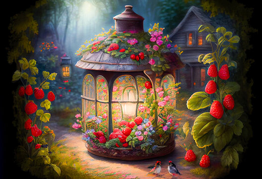 Fantasy fairly tale strawberry house in the strawberry garden, generative ai illustration