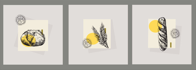 Templates for the design of banners, packaging for bakeries, shops. Hand drawn vector illustration bread, wheat.
