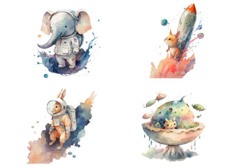 Hare and elephant astronauts, rocket and unidentified planet in watercolor style. Isolated vector illustration