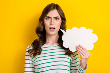 Photo portrait of lovely lady offended confused argument speech bubble cloud wear trendy striped...