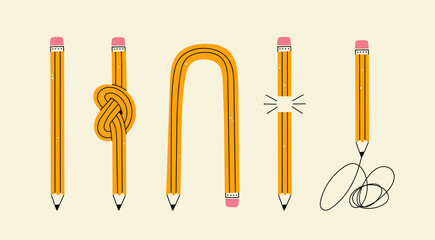 Fototapeta na wymiar Set of yellow Pencils in various conditions. Straight, bended, knotted, broken and short pencil. Back to school, teacher's day concept. Design templates. Hand drawn Vector illustration
