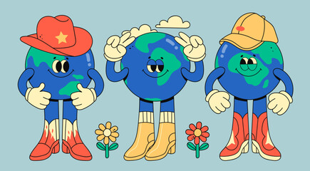 Set of Planet Earth characters. Cute Earth globe with emotions, face, arms, hats and legs in boots. Cartoon style. Hand drawn trendy Vector illustration. World earth day, caring for nature concept