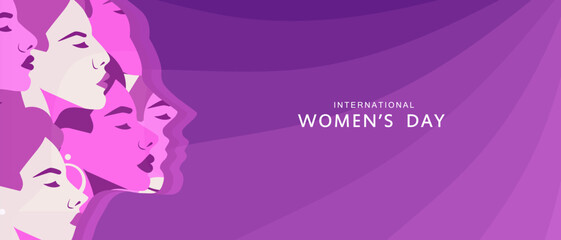 Female diverse faces of different ethnicity. Vector illustration, banner or poster, landing page. International Women's Day banner.