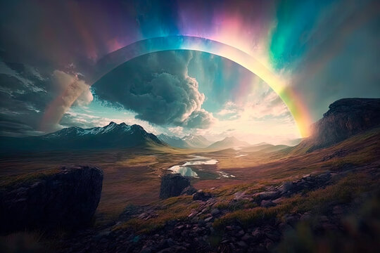 Beautiful breathtaking landscape with a rainbow in the clouds. Generative AI