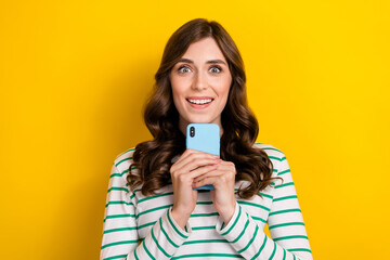 Photo portrait of pretty young girl gadget instagram twitter facebook telegram wear trendy striped...
