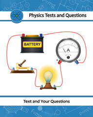 Physical experiment of studying measuring electric current, potential, voltage in an electrical circuit. An electric circuit consisting of connected lightbulbs, battery, conductors, switch, ammeter.