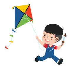 Vector illustration of kid playing kite