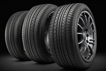 Car tires on empty background, studio light, for garage or advertisement, vehicle wheels