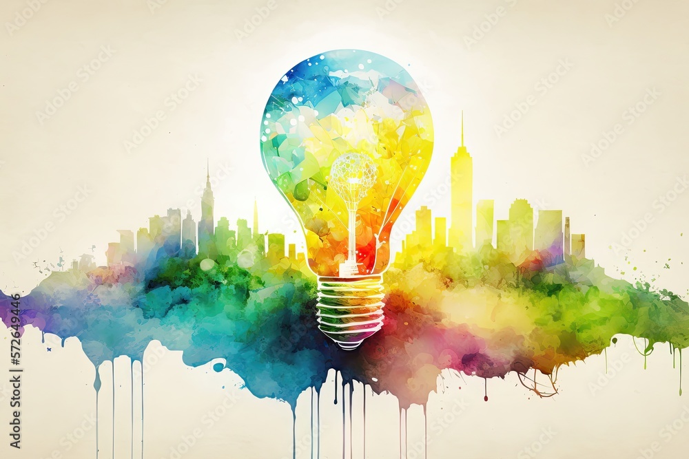 Wall mural watercolor rainbow light bulb with city background. generative ai