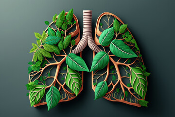 Concept of healthy living, green lungs , vegetables and leaves, anatomy, breathing clean air