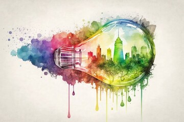 Watercolor rainbow light bulb with city background. Generative AI