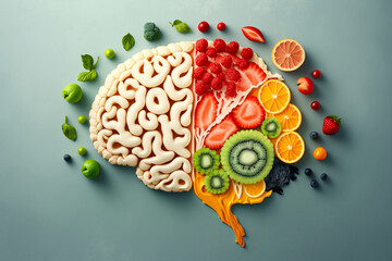Brain with fruits, concept of healthy living and eating healthy food