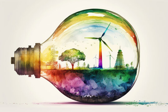 Watercolor rainbow light bulb with isolated wind turbine. Generative AI
