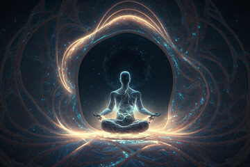 Illustration of human meditating, spirituality, astral body with light rays and chakra activation, mystical spirit