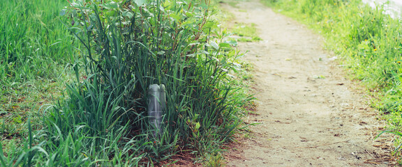 Plastic bottle in grass. Garbage among plants. Toxic plastic into nature everywhere. Rubbish in...