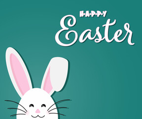 Colorful Happy Easter greeting card with rabbit, bunny, and eggs with banners