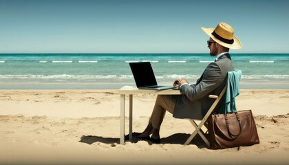 businessman working remotely from a remote location in beach. telecommuting concept. generative ai