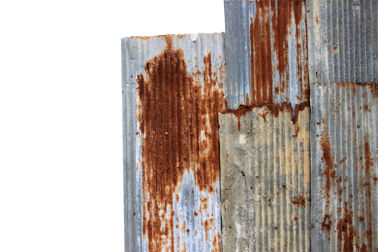 The old zinc for the wall is rusty and dirty isolated on white background.