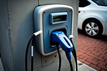 Fototapeta na wymiar Electric car charging at a gas station in the city, healthy environment without harmful emissions. Eco concept. Ai generative