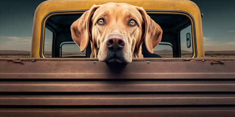 dog with head out of back of truck. generative ai - obrazy, fototapety, plakaty