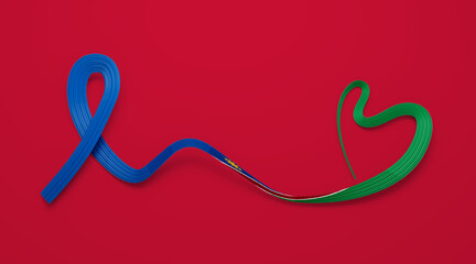 3d Flag Of Namibia Country, 3d Wavy Heart shaped Awareness Ribbon On Red Background, 3d illustration