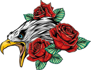 vector illustration of head eagle with red roses