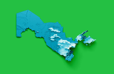 Uzbekistan map with the flag Colors Blue and Green Shaded relief map 3d illustration