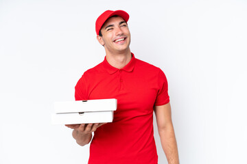 Pizza delivery caucasian man with work uniform picking up pizza boxes isolated on white background...