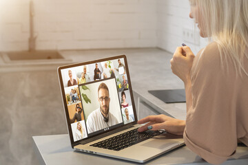 video conference. Multiethnic business team using laptop for a online meeting in video call. Group of people smart working from home