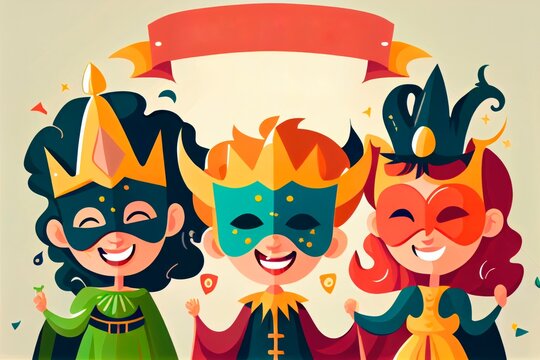 Happy kids celebrating festival Purim, Mardi Gras or Halloween in carnival masks and costumes. Flat cartoon illustration.