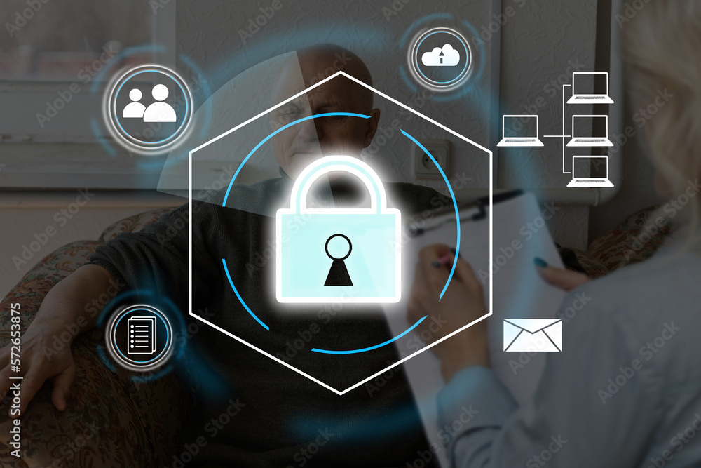 Poster digital padlock icon, cyber security network and data protection technology on virtual interface scr