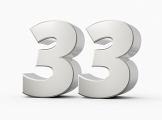 Silver 3d numbers 33 thirty three. Isolated white background 3d illustration