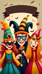 Fototapeta na wymiar Happy kids celebrating festival Purim, Mardi Gras or Halloween in carnival masks and costumes. Flat cartoon illustration.