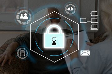 Digital padlock icon, cyber security network and data protection technology on virtual interface screen. Online internet authorized access against cyber attack.and business data privacy concept