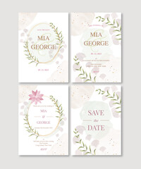 Watercolor wedding invitations set. Cards with frames, leaves, flowers, watercolor spots and splashes. Templates for greeting card, invitation, banner, flyer, poster