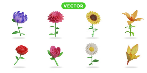3d rendering. Flowers in spring and summer icons set on a white background Cremon flower, dahlia flower, sunflower, tiger lily, rose, tulip, daisy, lily