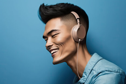 asian happy smiling man listening to music with headphones over isolated blue background, ai generative