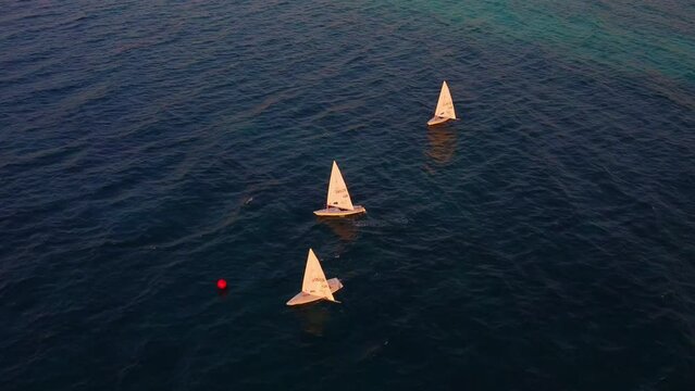 training of children on sailing boats optimist in Mediterranean sea