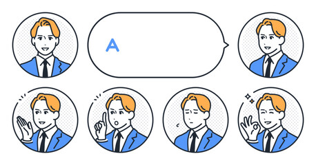 Fototapeta premium 若いビジネスマンのシンプルな表情アイコンと吹き出しのベクターイラストセット素材