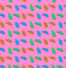 Orange, blue and green tsinelas (flip-flops) grid pattern on a pink background