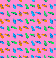 Orange, blue and green tsinelas (flip-flops) grid pattern on a pink background