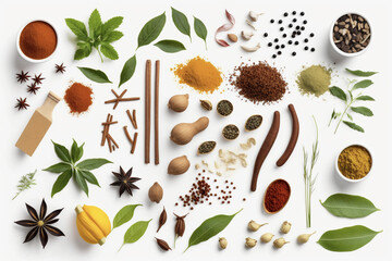assortment of culinary spices and herbs on a white background