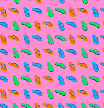 Orange, blue and green tsinelas (flip-flops) grid pattern on a pink background