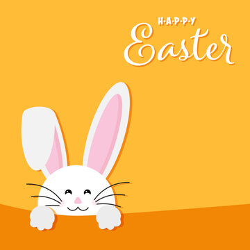 Colorful Happy Easter greeting card with rabbit, bunny, and eggs with banners