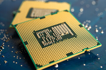 CPU, central processor unit chip Chip on circuit board in PC and laptop computer technology.