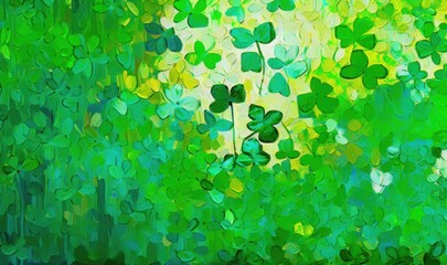 Green background with three-leaved shamrocks, Lucky Irish Four Leaf Clover in the Field for St. Patricks Day holiday symbol. Generative AI